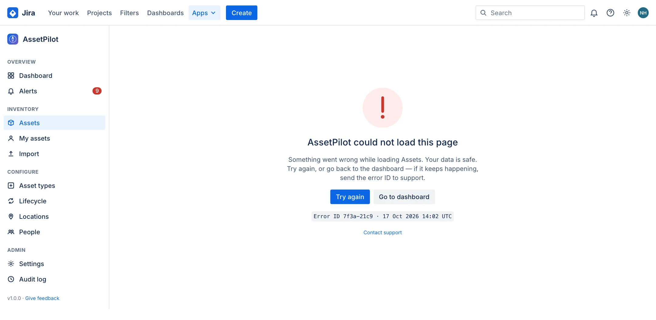 AssetPilot could not load this page, with Try again, Go to dashboard and an error ID