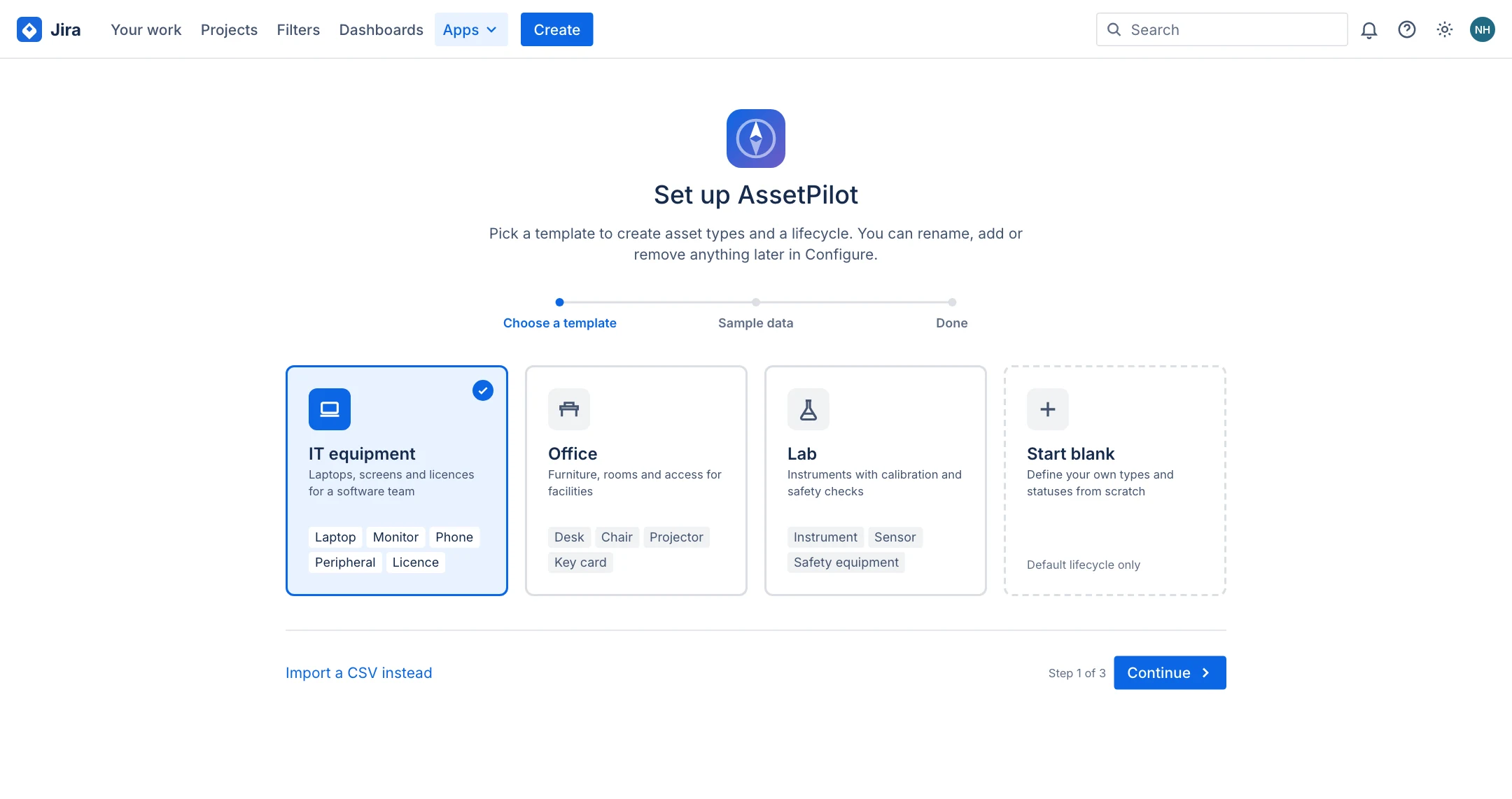 Onboarding step 1 with progress tracker and four template tiles, IT equipment selected