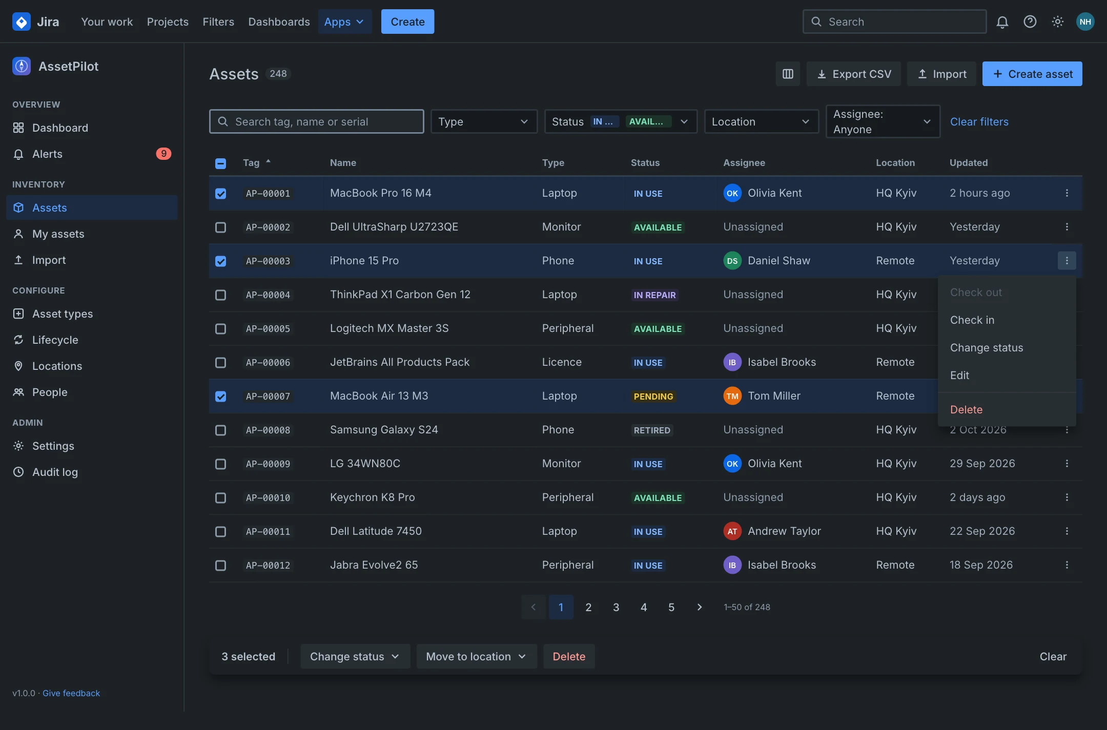 Assets list in dark mode