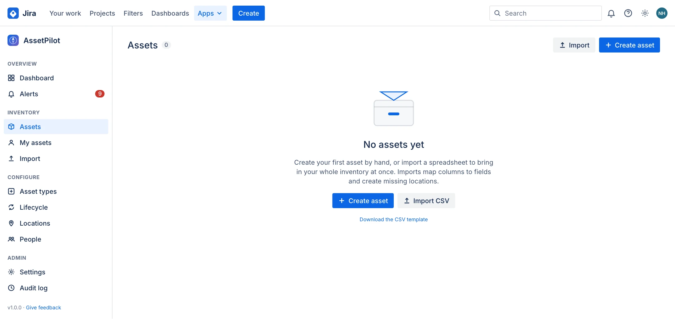 Empty Assets page with Create asset and Import CSV buttons