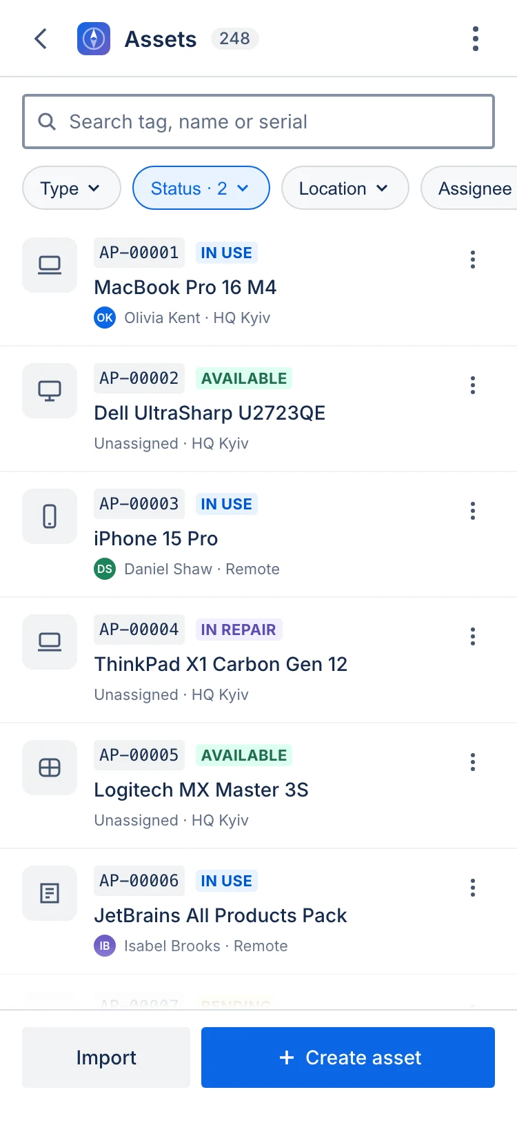 Assets list at phone width with card rows and filter chips