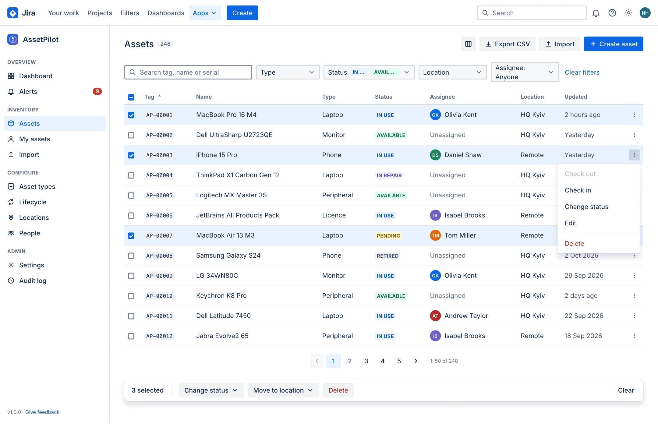 Assets list with search, four filters, a 12-row table, three selected rows and the bulk action bar