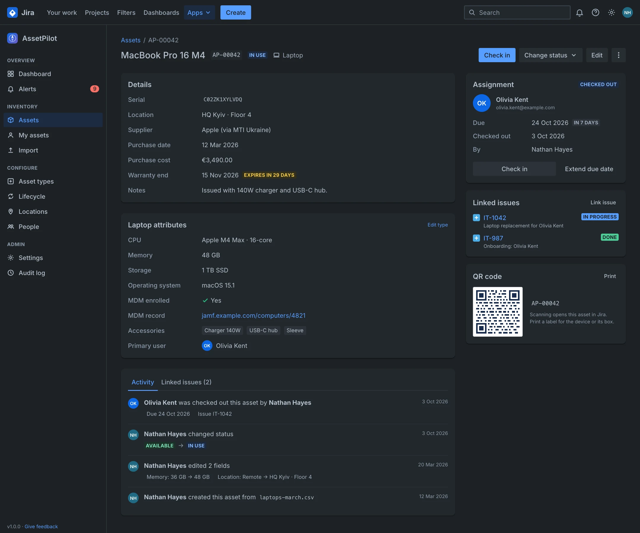 Asset record in dark mode