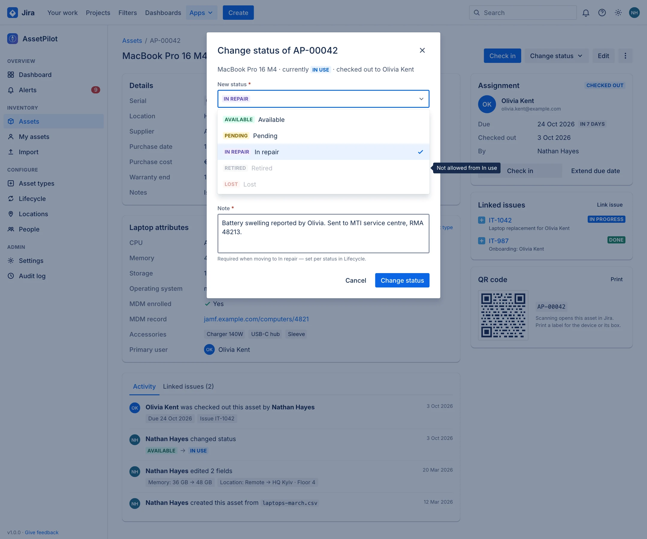 Change status dialog with allowed statuses enabled, Retired and Lost disabled, and a required note