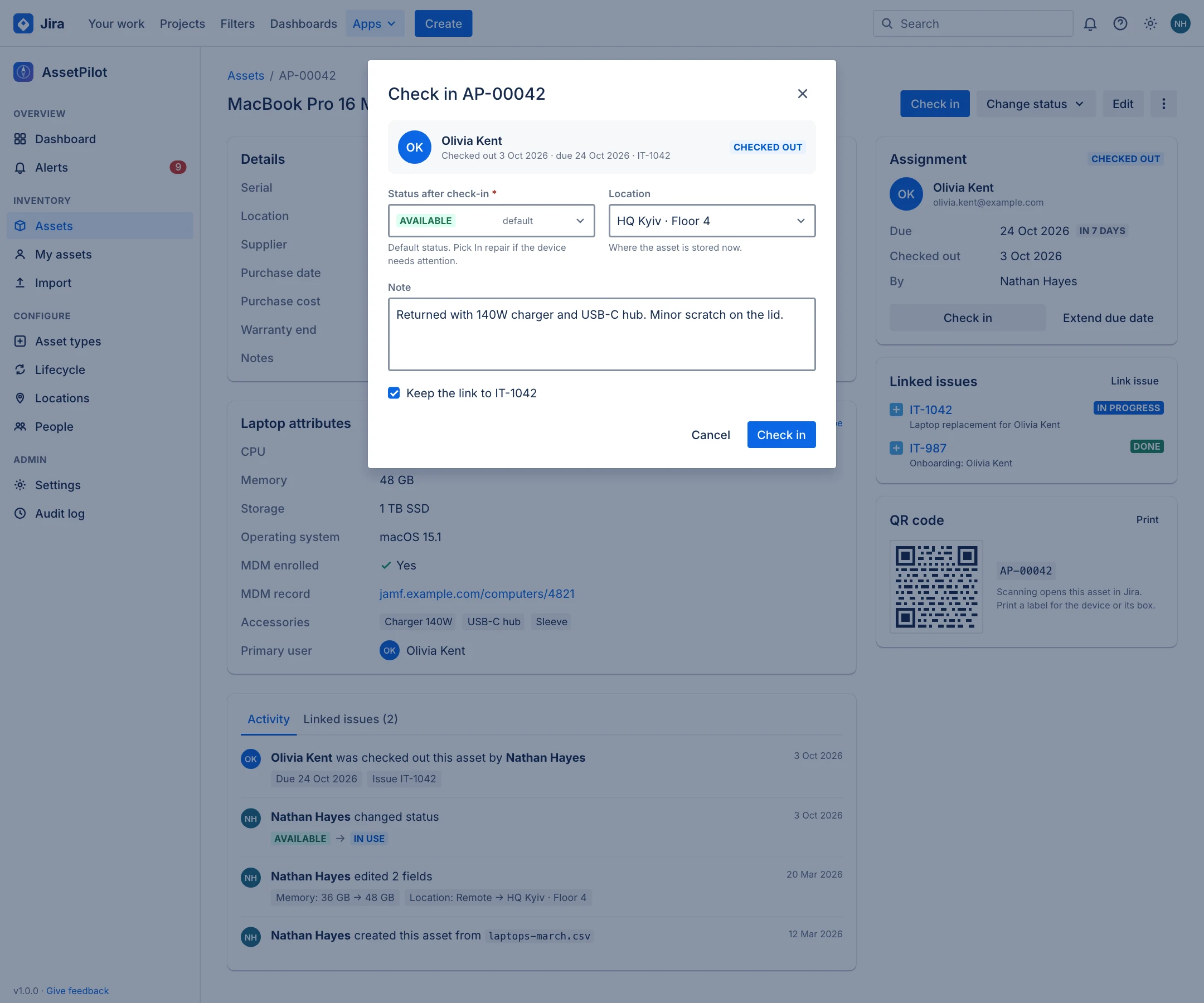 Check in dialog with assignee summary, status after check-in, location, note and keep link option