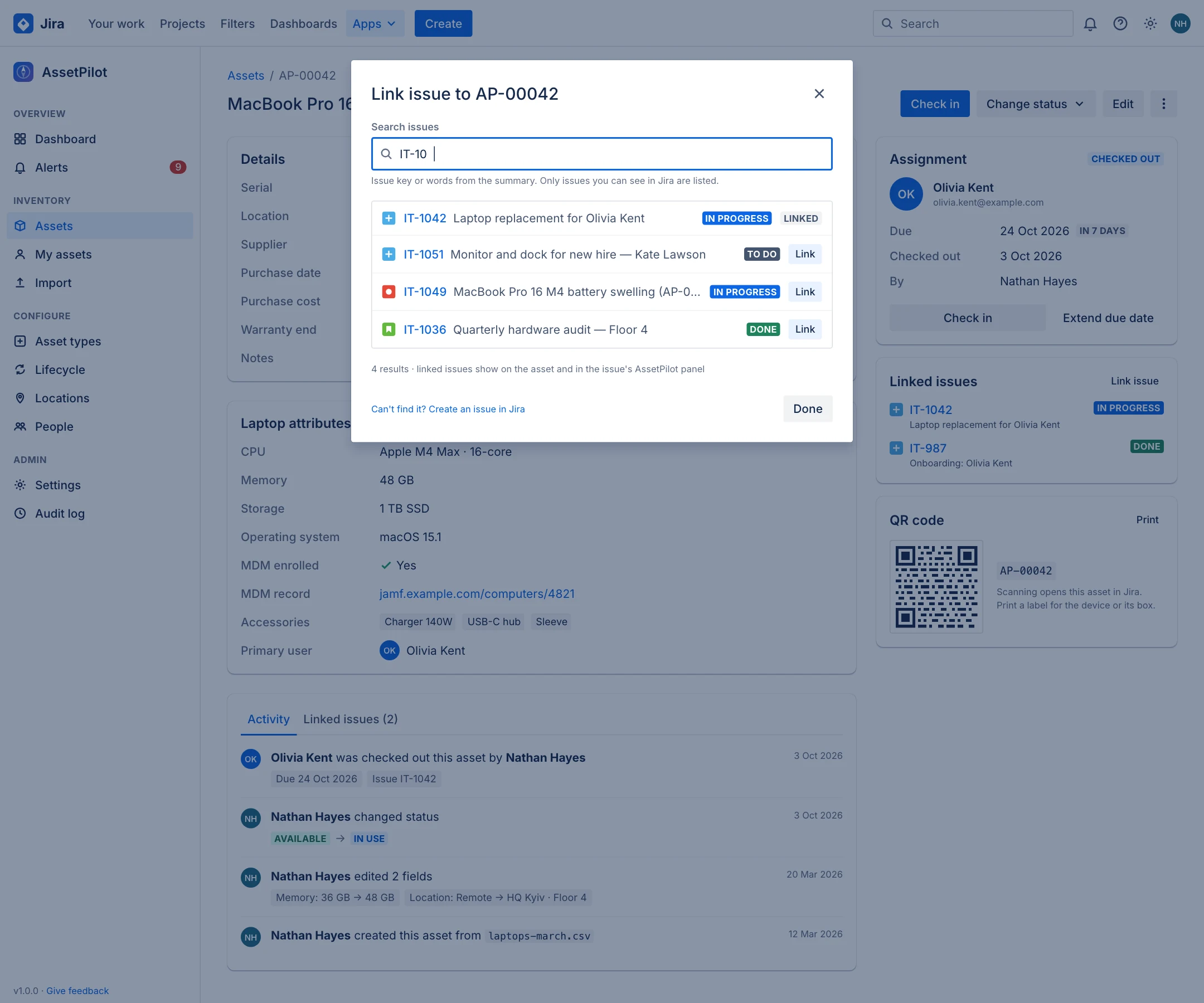 Link issue modal with search results, status lozenges and Link buttons