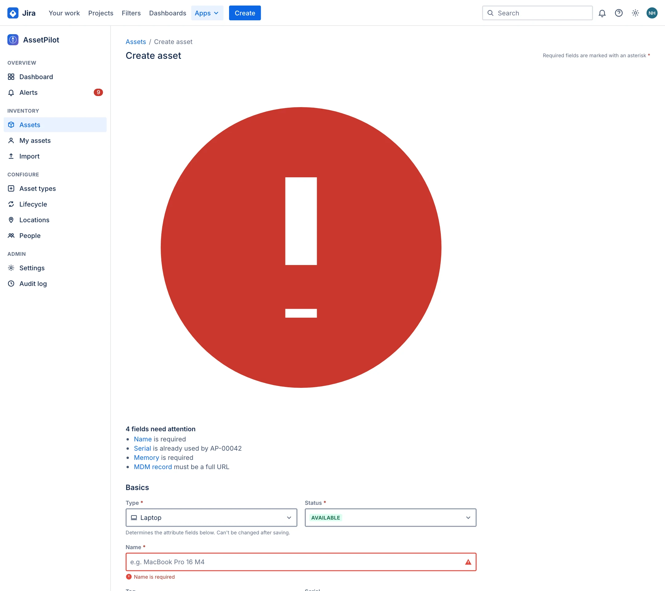 Asset form with an error summary listing four fields and inline errors