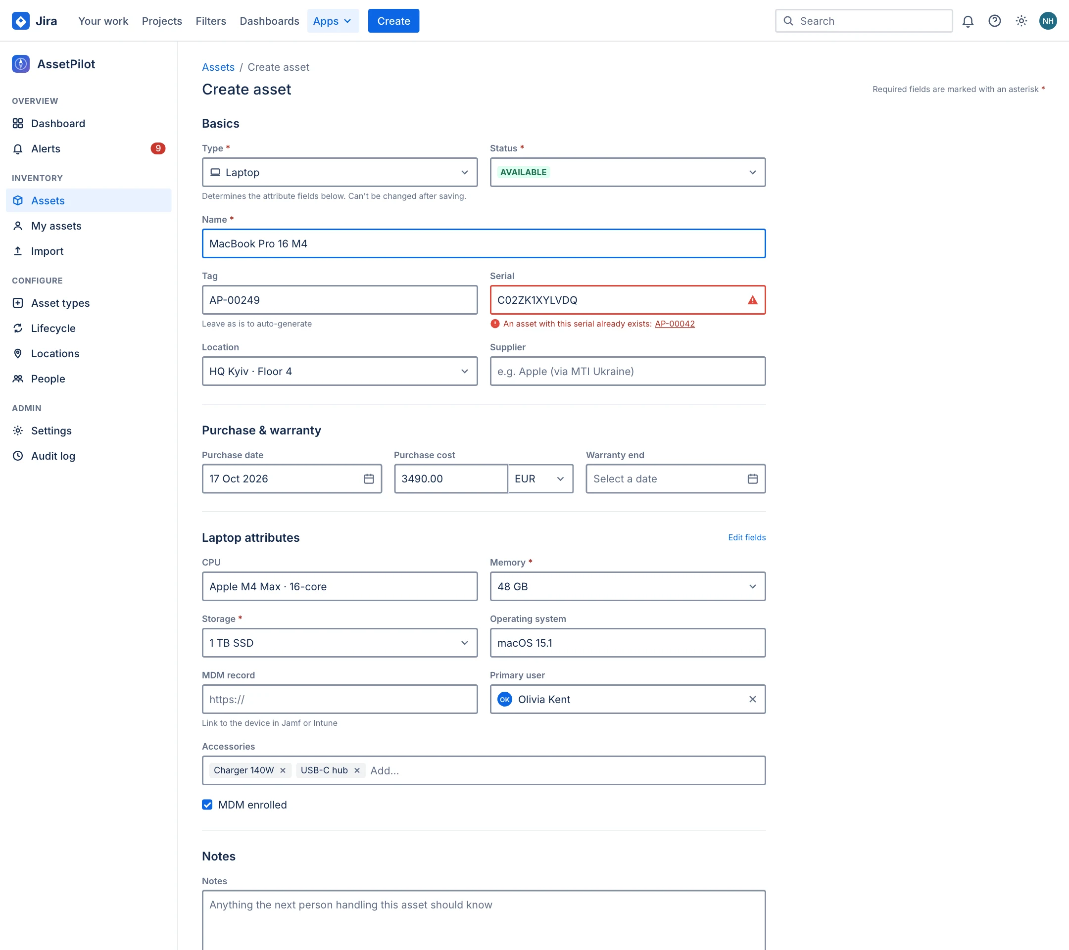 Create asset form with Basics, Purchase and warranty, Laptop attributes and Notes sections