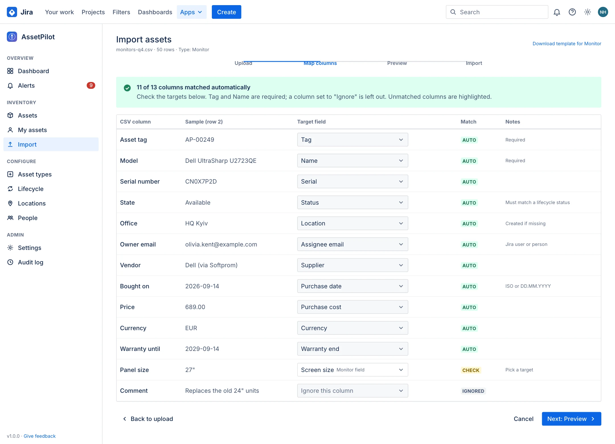 Import column mapping