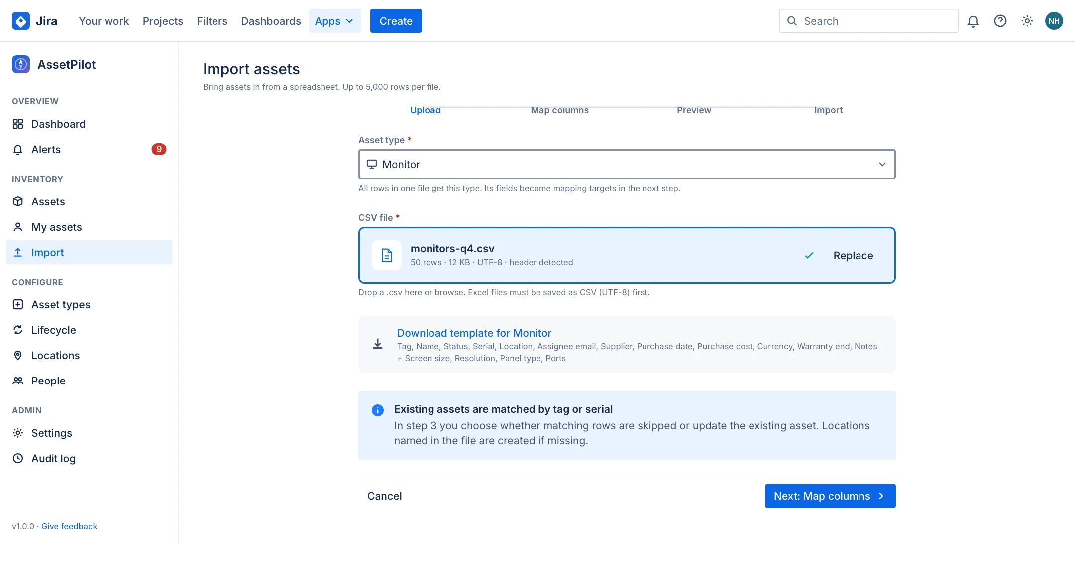 Import upload step with asset type select, selected file monitors-q4.csv and template download