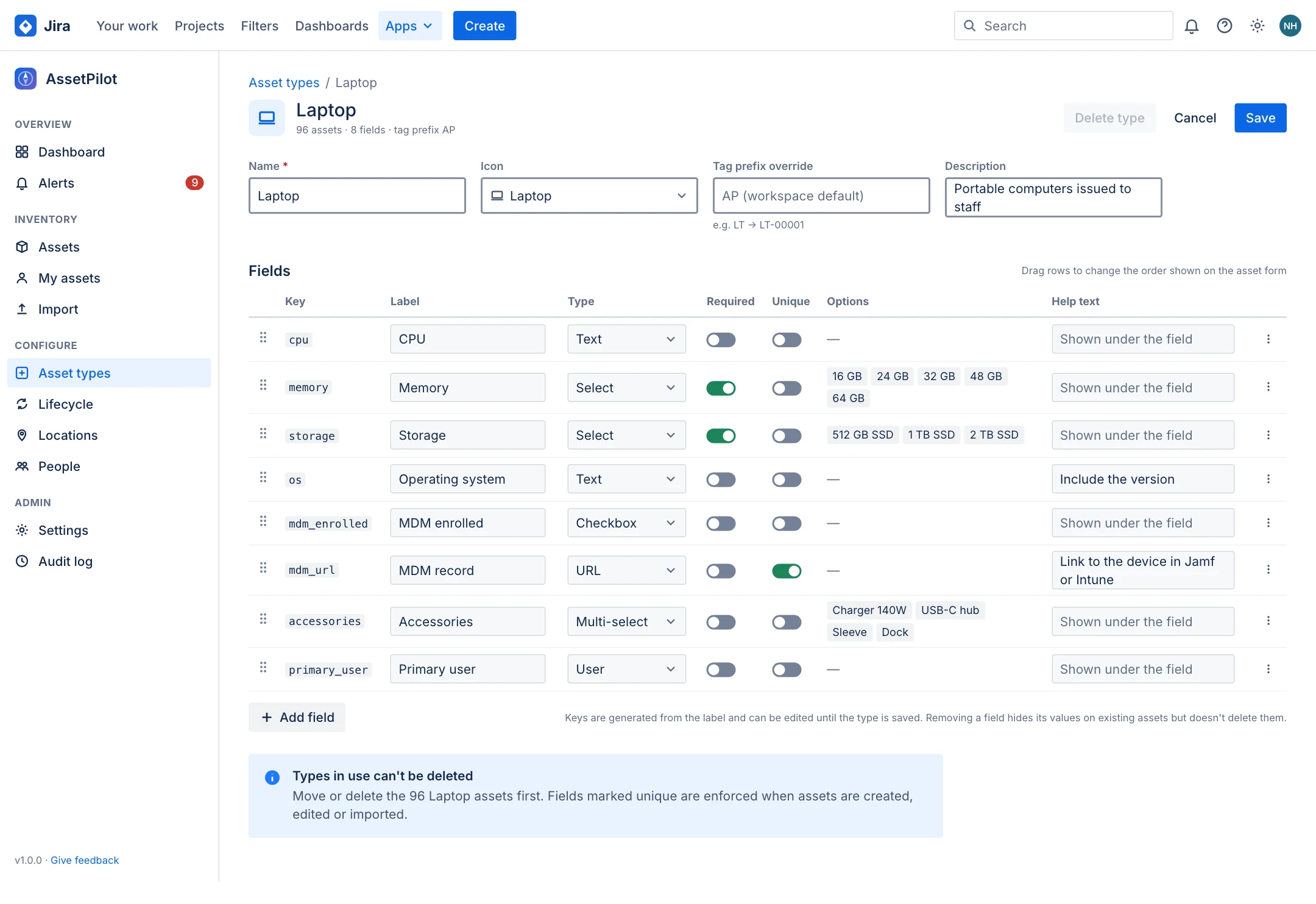 Asset type editor with fields