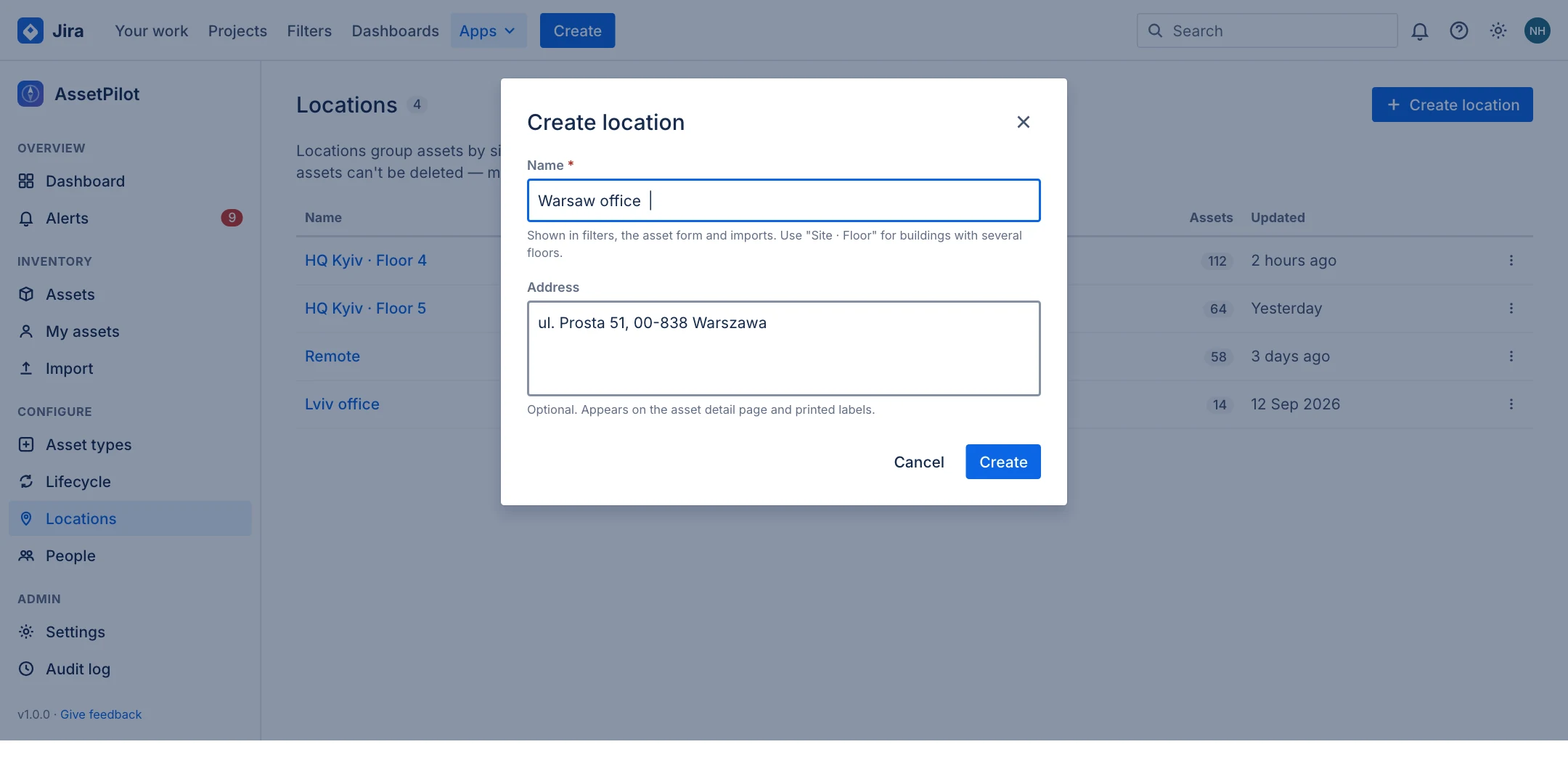 Locations table with name, address, asset count and the Create location modal open