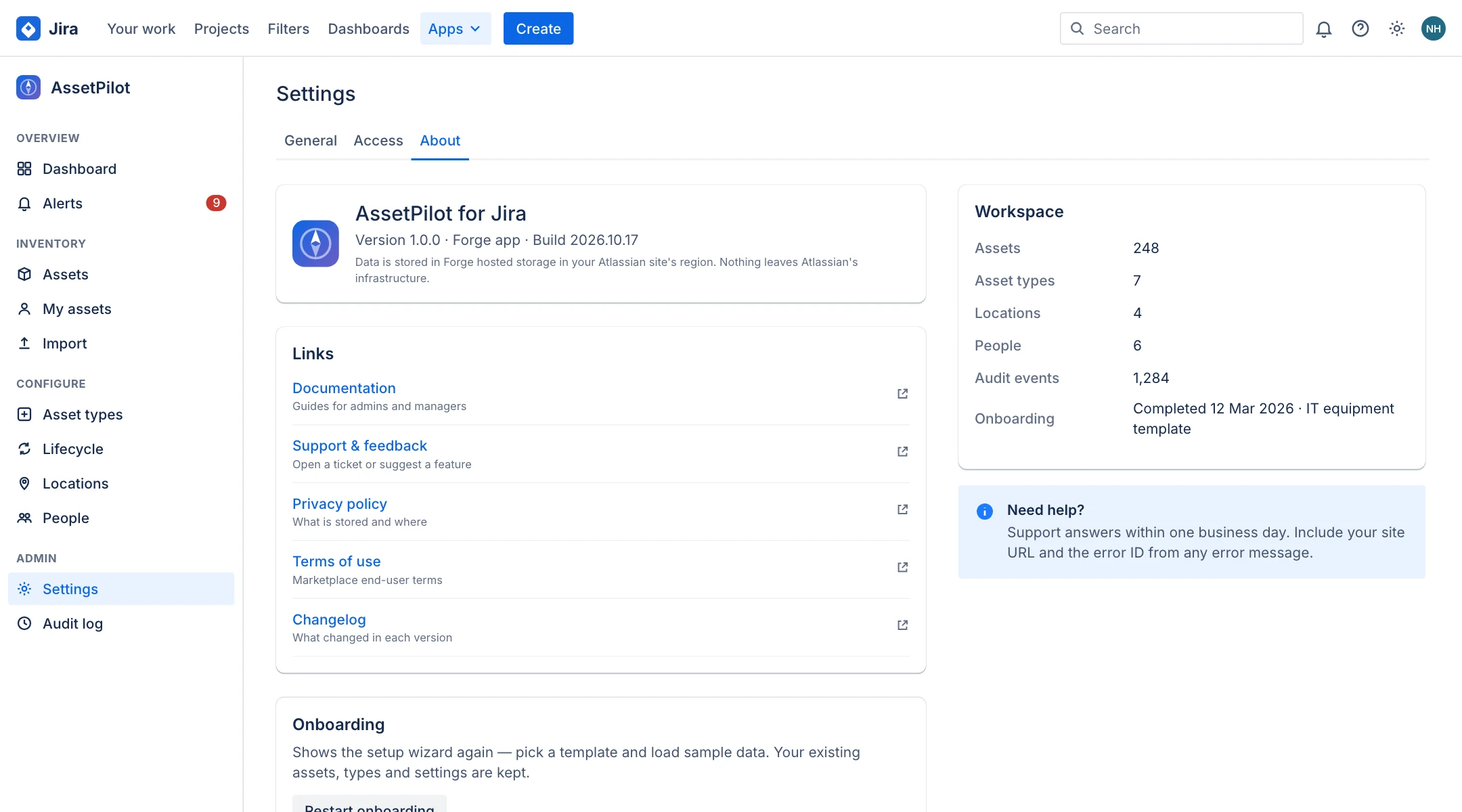Settings About tab with version, links and workspace counts