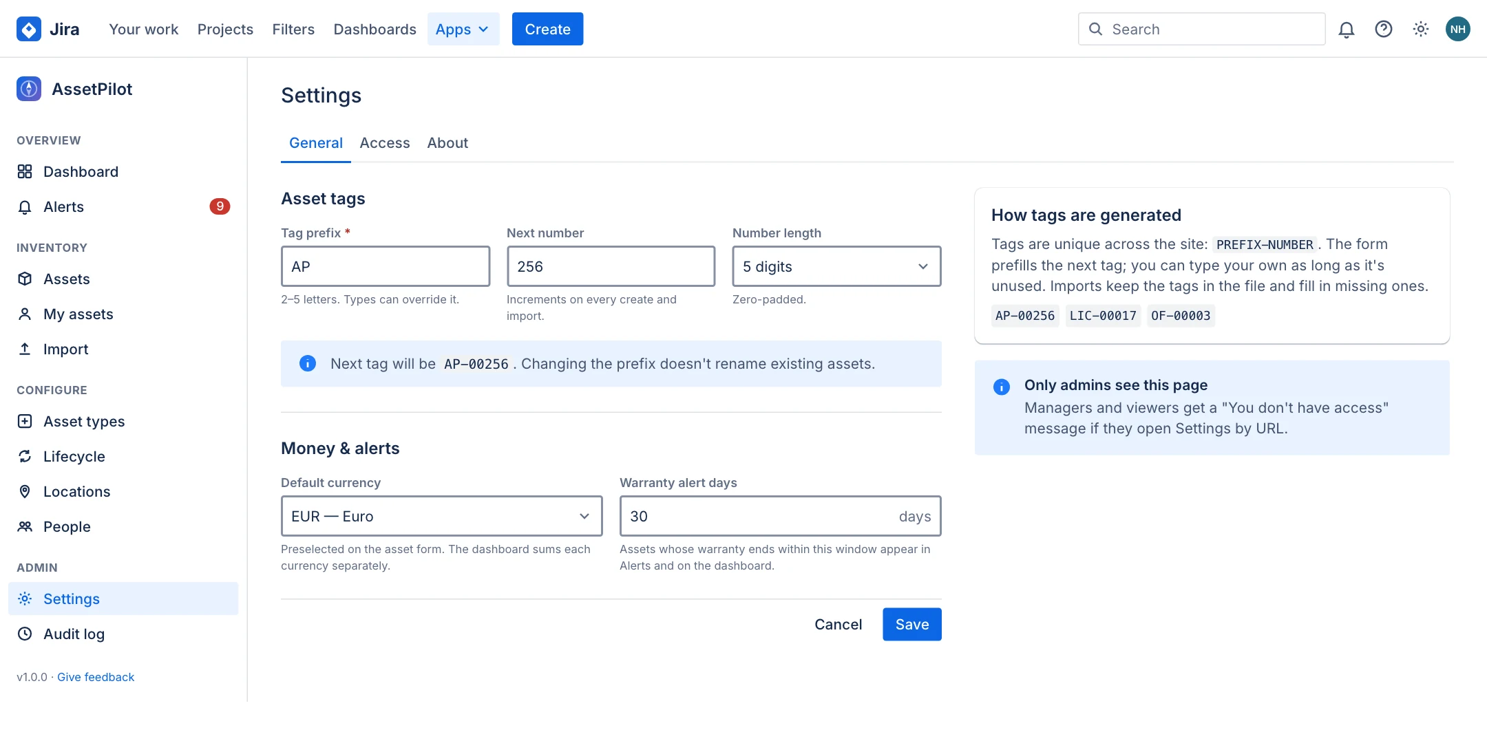 Settings General tab with tag prefix, next number, number length, default currency and warranty alert days