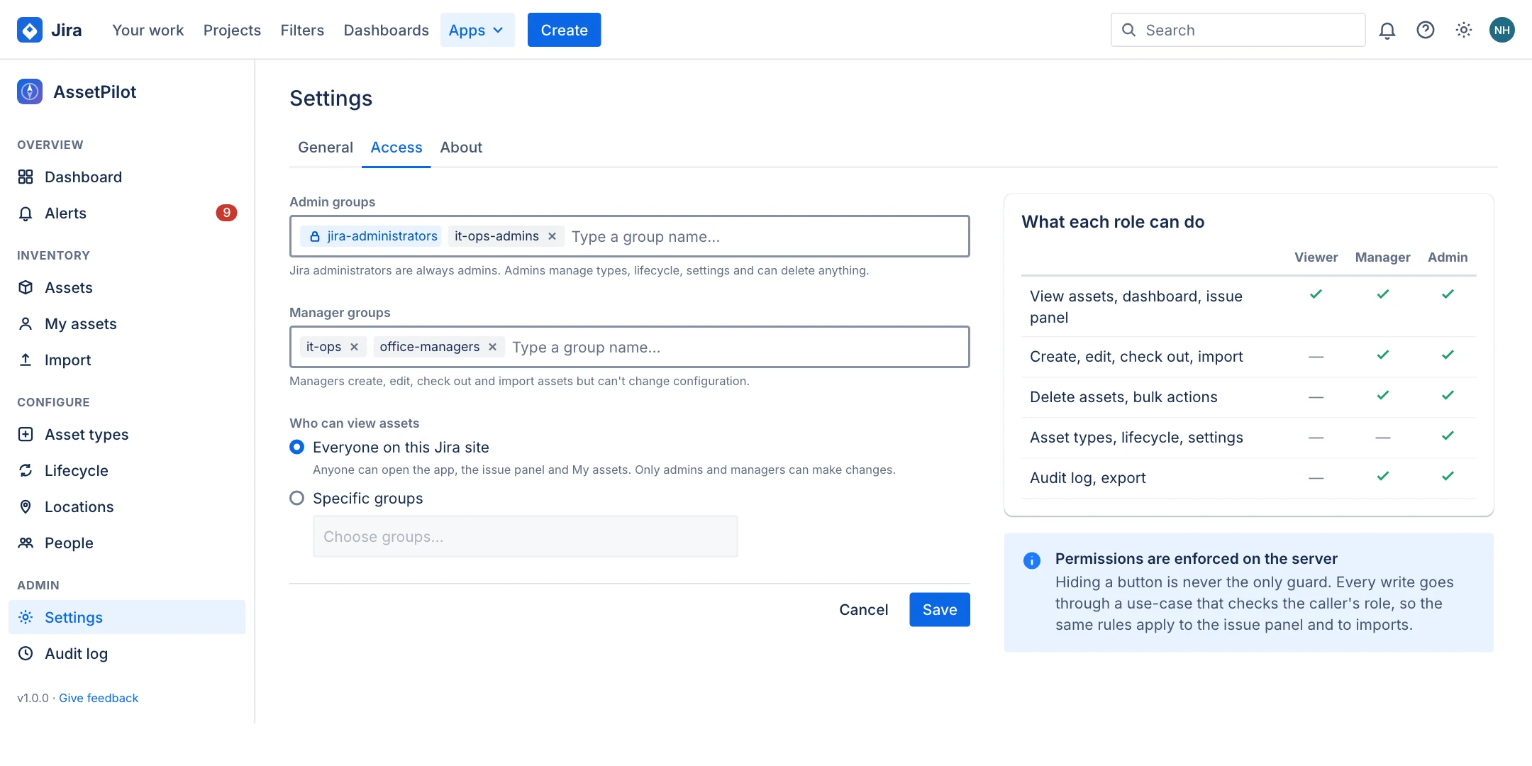 Settings Access tab with admin groups, manager groups, viewer mode and a role summary table