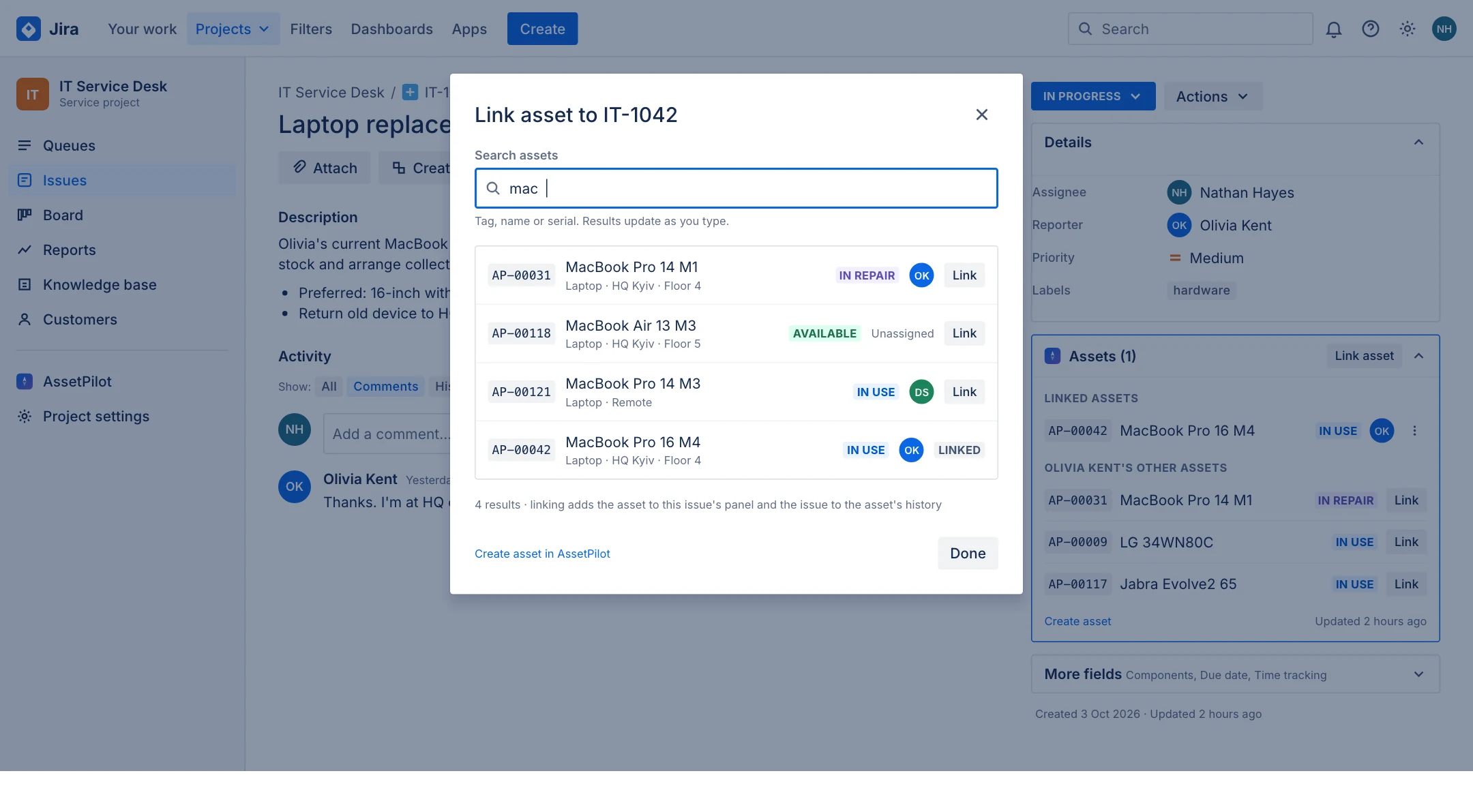 Link asset modal over the issue with search results for mac and Link buttons