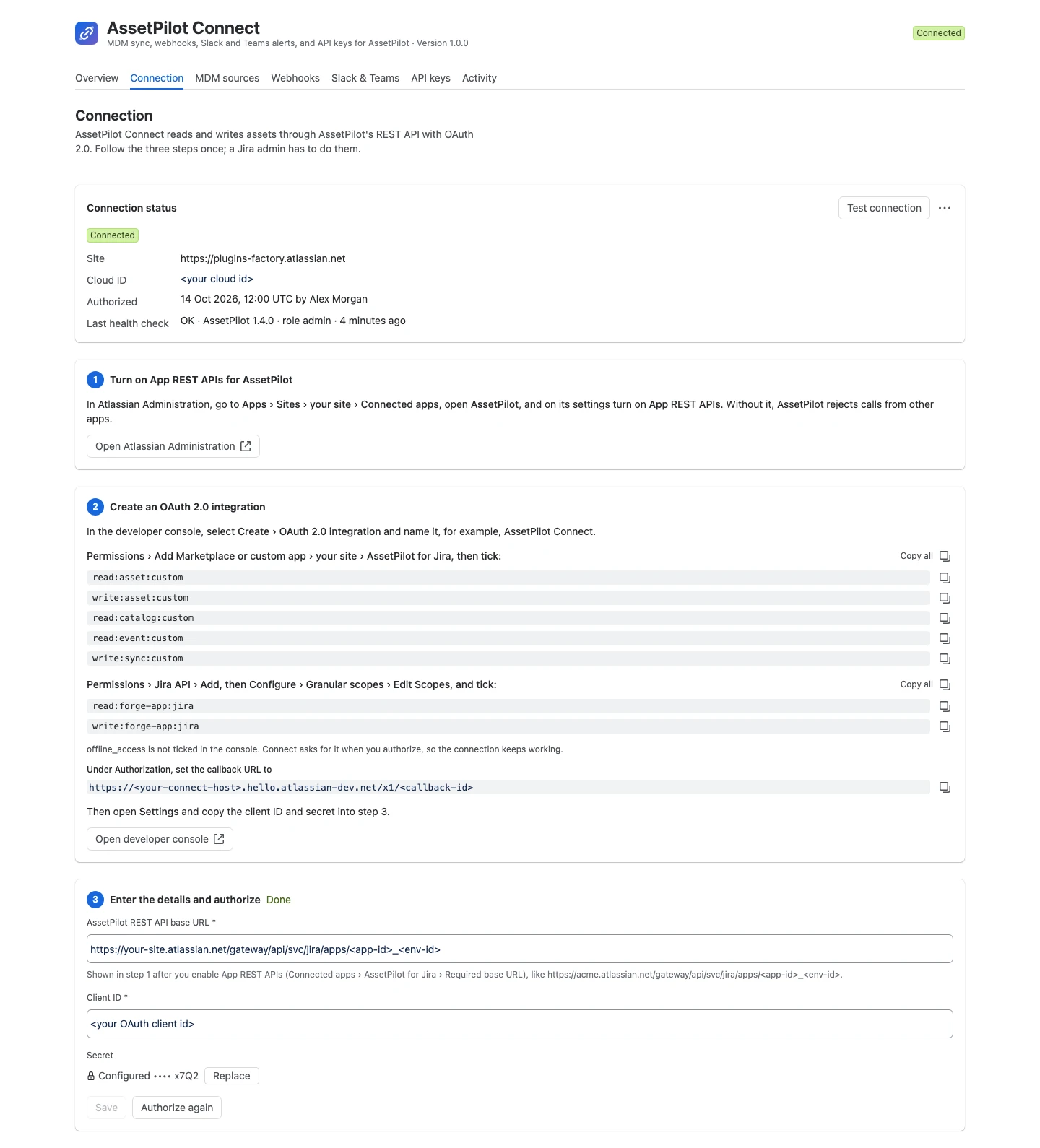 Connection tab with connection status and three numbered setup steps