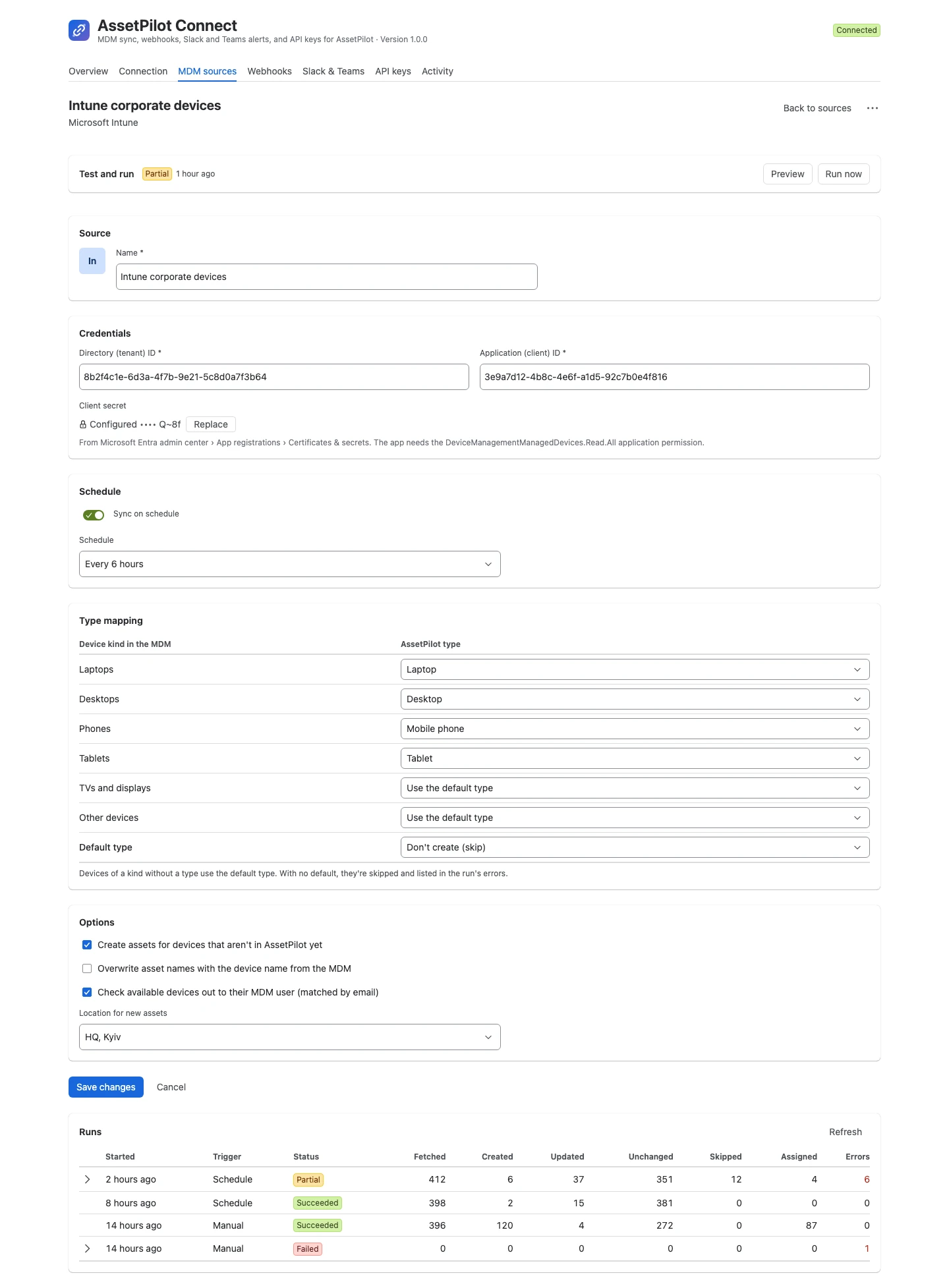 MDM source editor with test and run bar, credentials, schedule, type mapping, options and the runs table