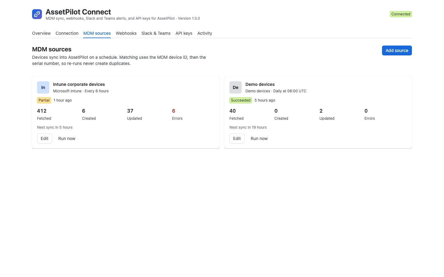 MDM sources tab with source cards showing last run status and counts
