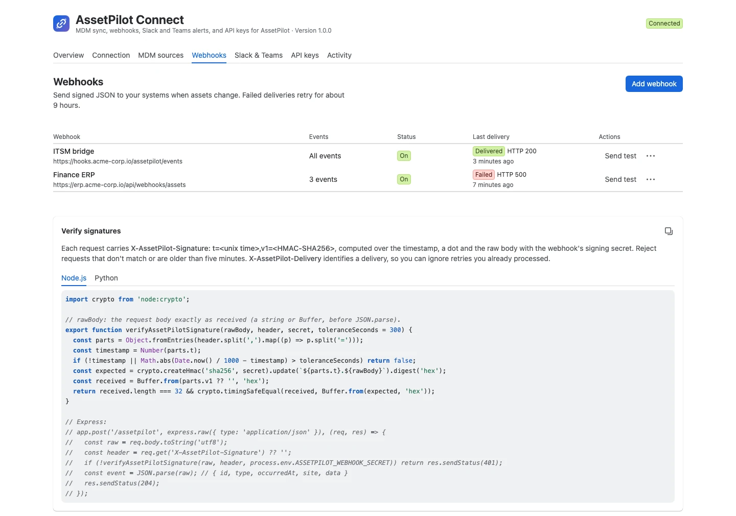 Webhooks tab with two endpoints, their events, status and last delivery, and a Verify signatures card with code